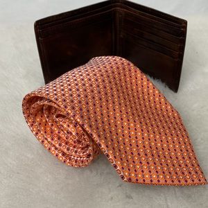 Belisi men’s Silk Necktie, 60" X 4", Orange, black And Silver Checked/Geometric